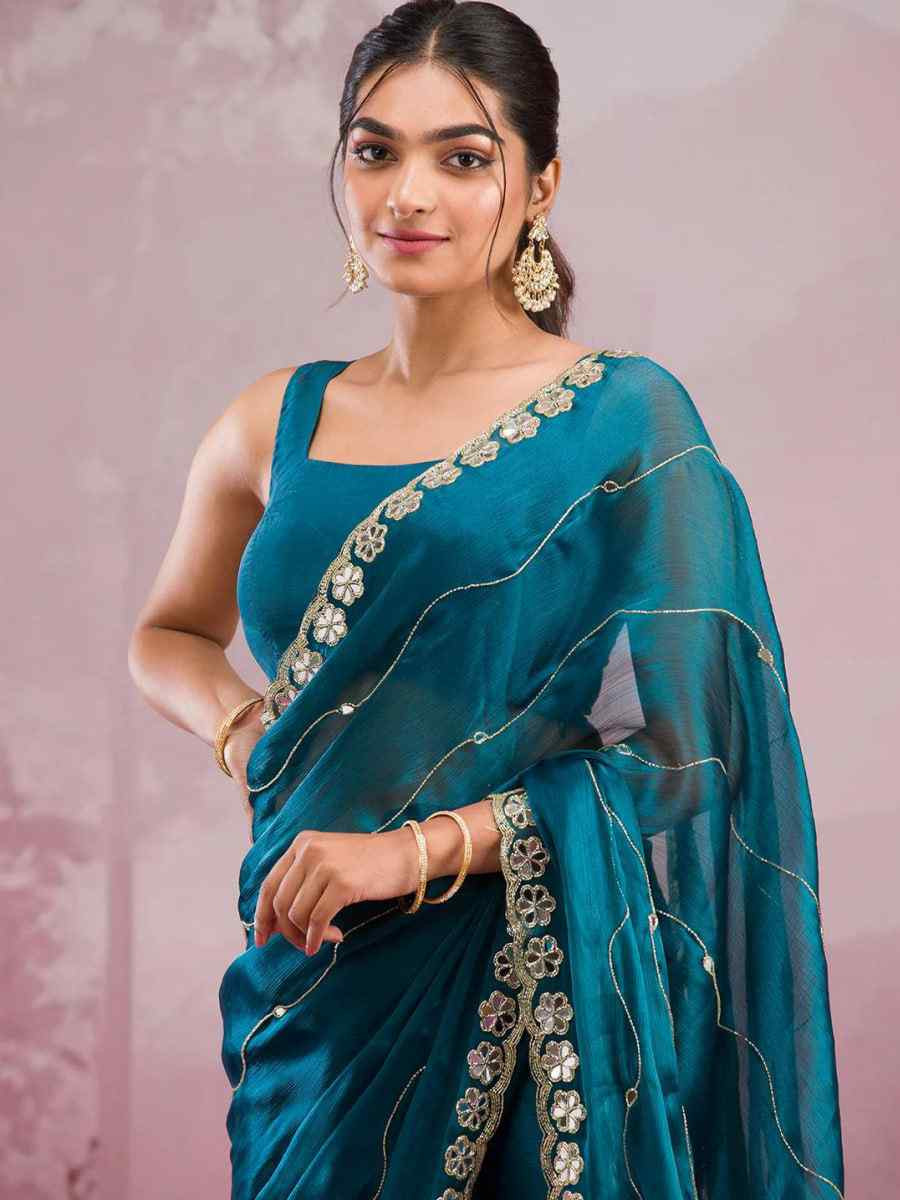 Rama Soft Burberry Silk Embroidered Festival Wedding Fancy Heavy Border Saree
