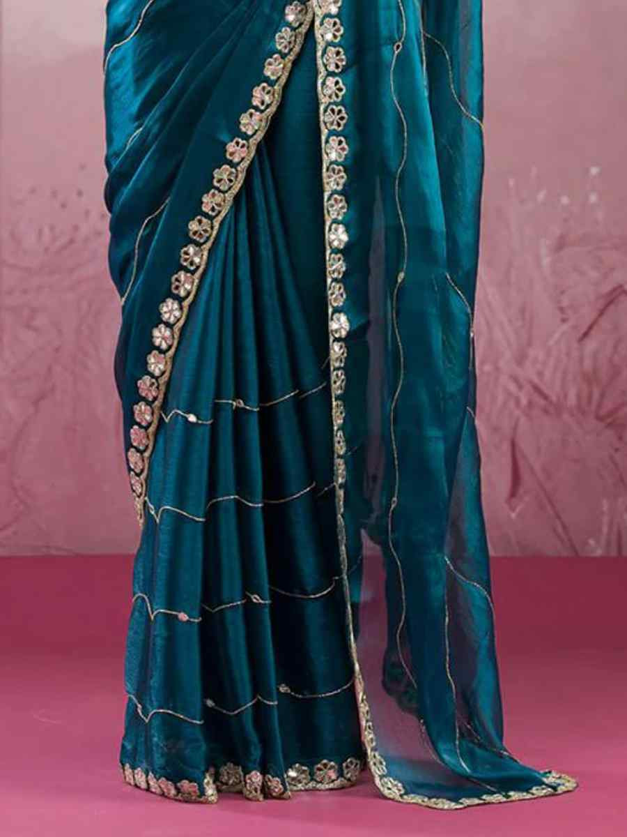Rama Soft Burberry Silk Embroidered Festival Wedding Fancy Heavy Border Saree