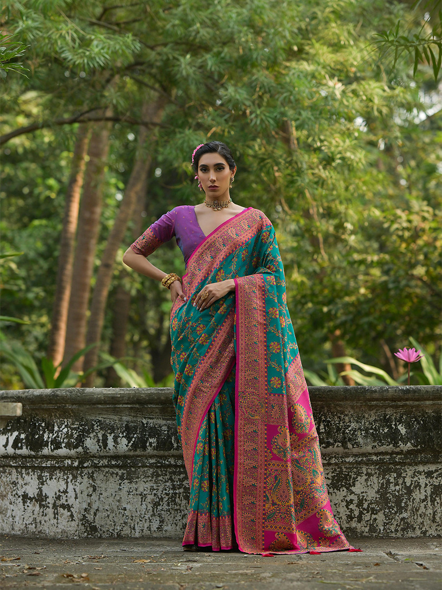 Rama Soft Pashmina Silk Zari Handwoven Casual Reception Festival Wedding Fancy Classic Heavy Border Sarees