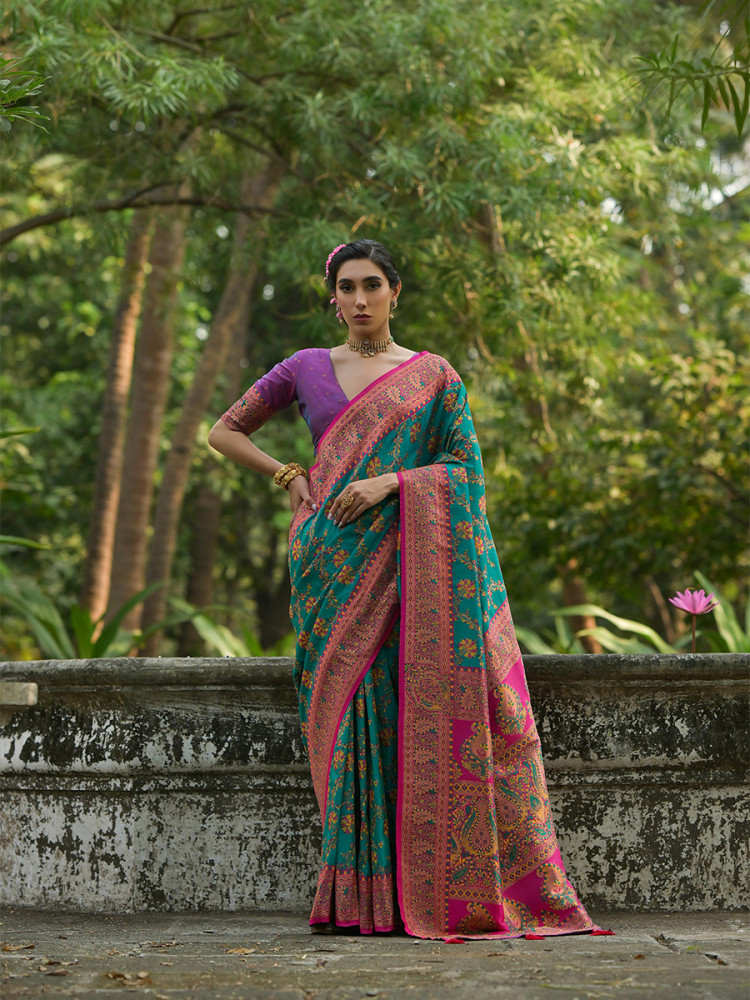 Image of Rama Soft Pashmina Silk Zari Handwoven Casual Reception Festival Wedding Fancy Classic Heavy Border Sarees