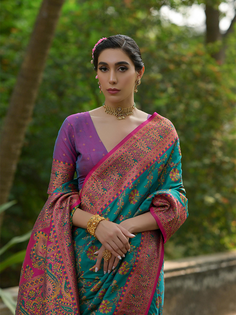 Rama Soft Pashmina Silk Zari Handwoven Casual Reception Festival Wedding Fancy Classic Heavy Border Sarees