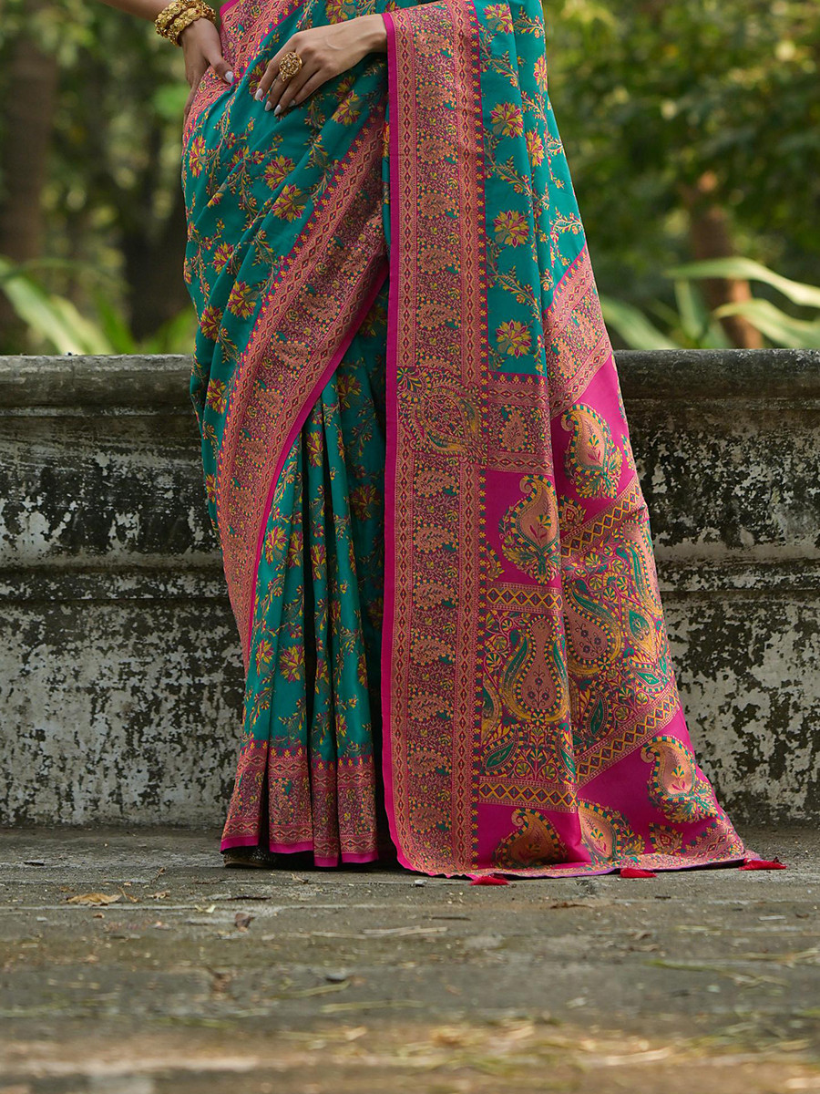 Rama Soft Pashmina Silk Zari Handwoven Casual Reception Festival Wedding Fancy Classic Heavy Border Sarees