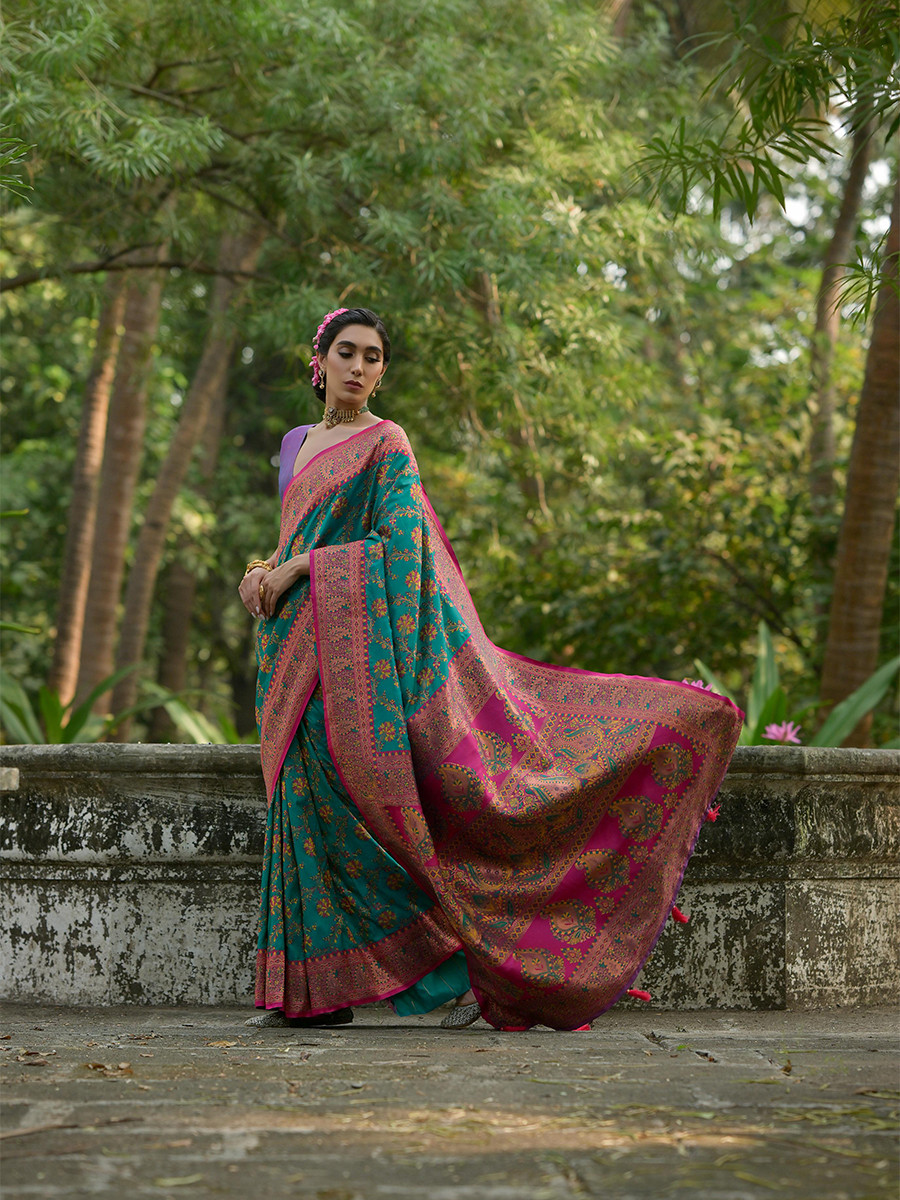 Rama Soft Pashmina Silk Zari Handwoven Casual Reception Festival Wedding Fancy Classic Heavy Border Sarees