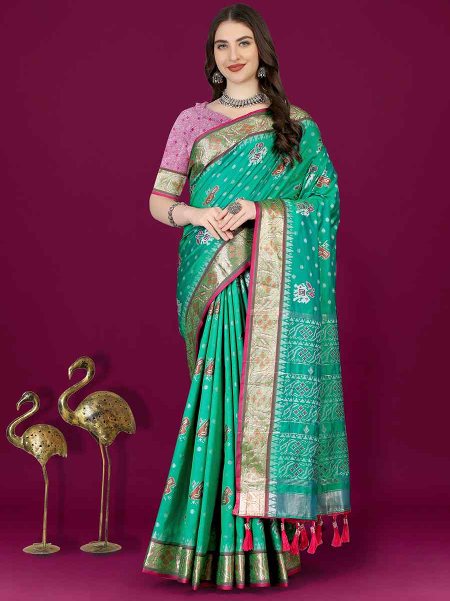 Rama Soft Patola Silk Handwoven Wedding Festival Heavy Border Saree