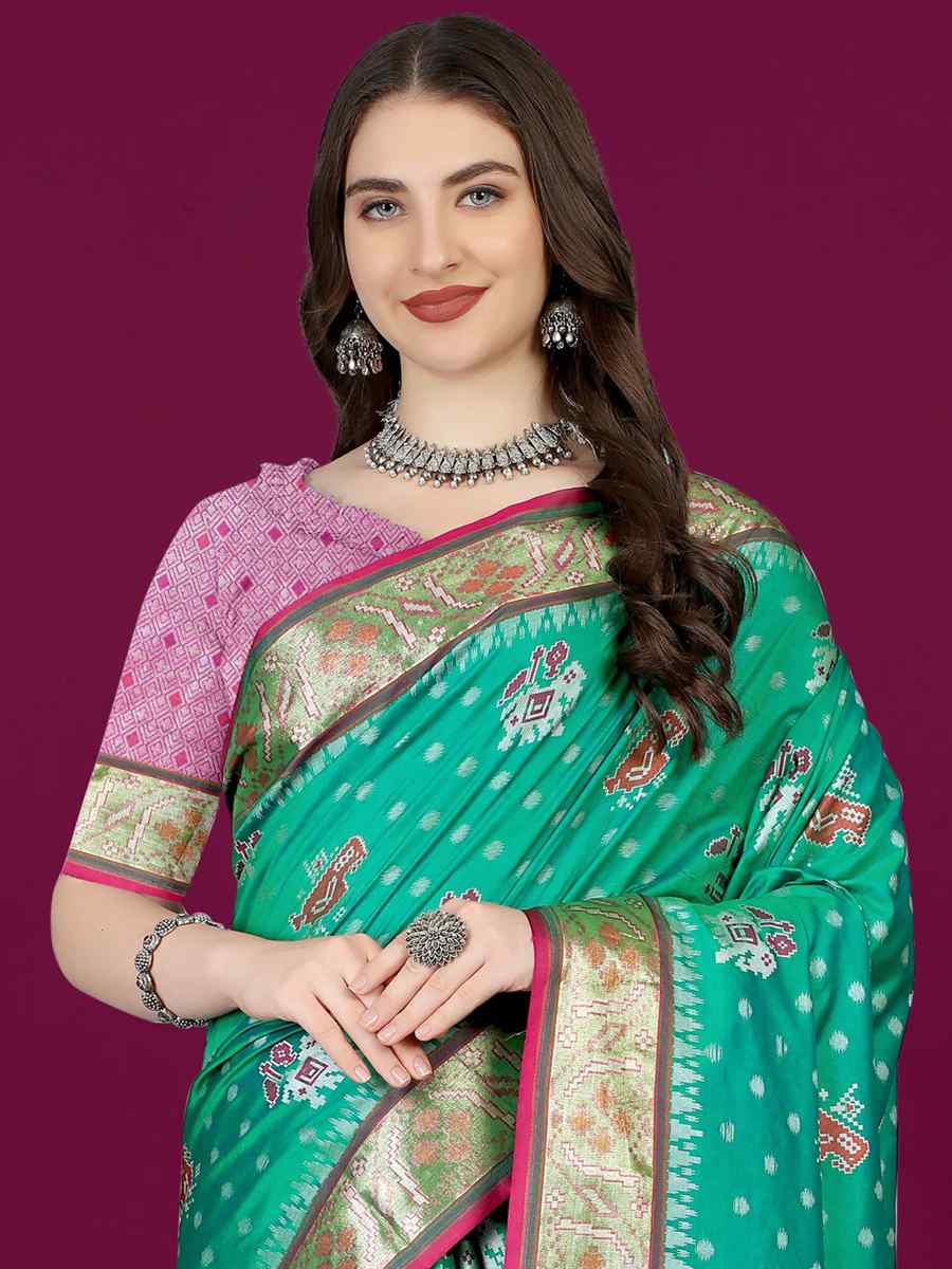 Rama Soft Patola Silk Handwoven Wedding Festival Heavy Border Saree