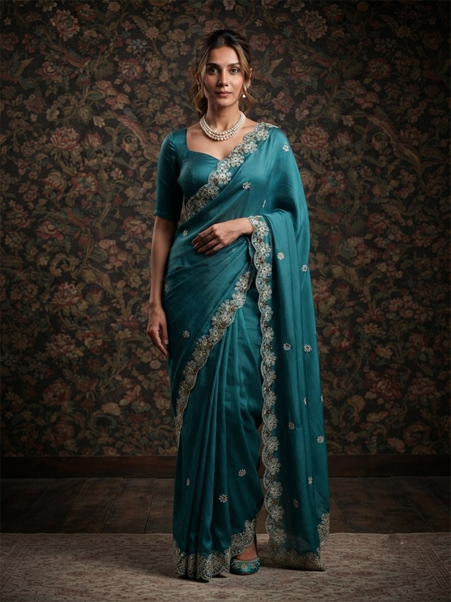 Rama Soft Satin Chiffon Embroidery Wedding Reception Party Festival Casual Heavy Border Sarees