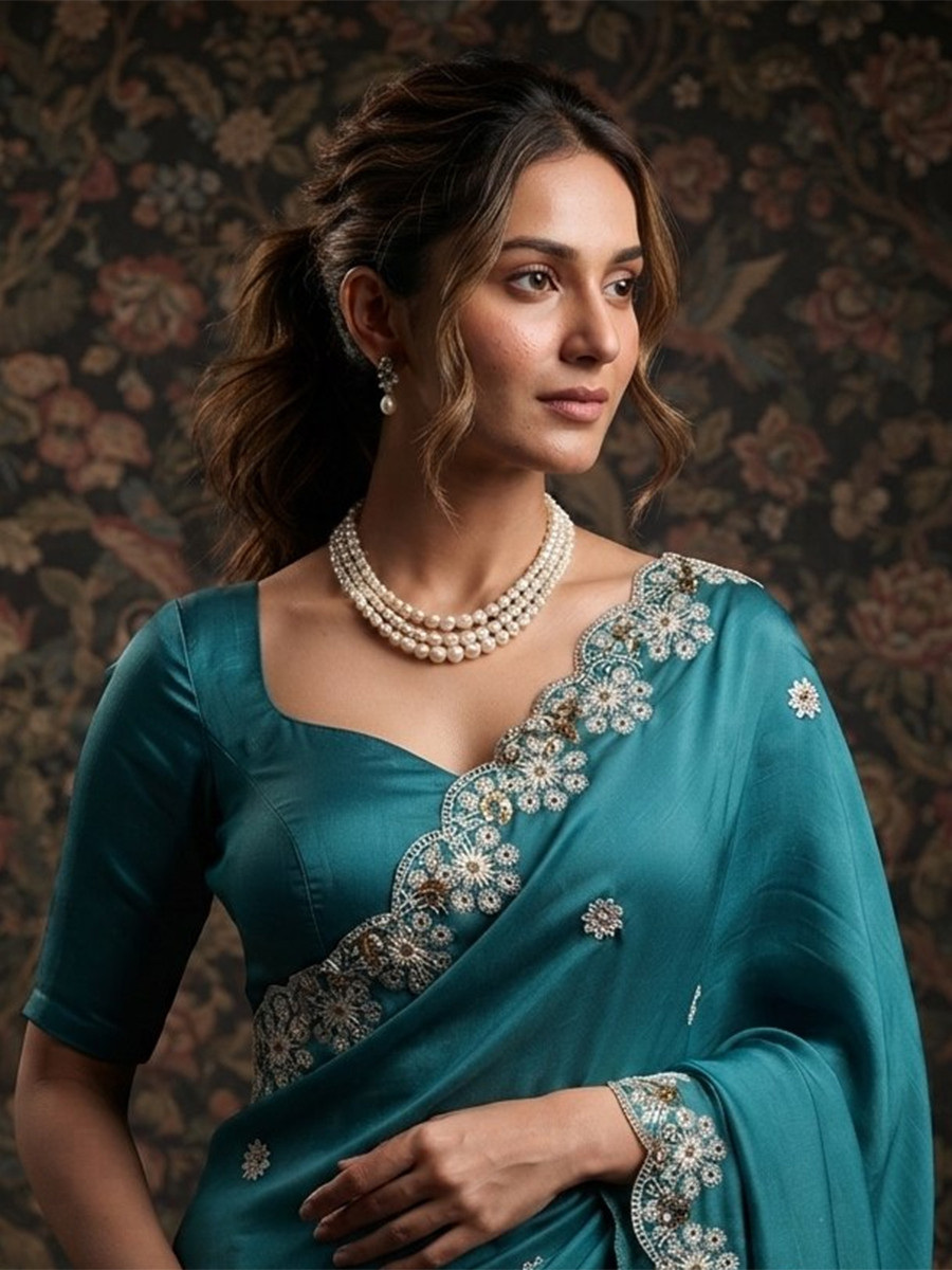 Rama Soft Satin Chiffon Embroidery Wedding Reception Party Festival Casual Heavy Border Sarees