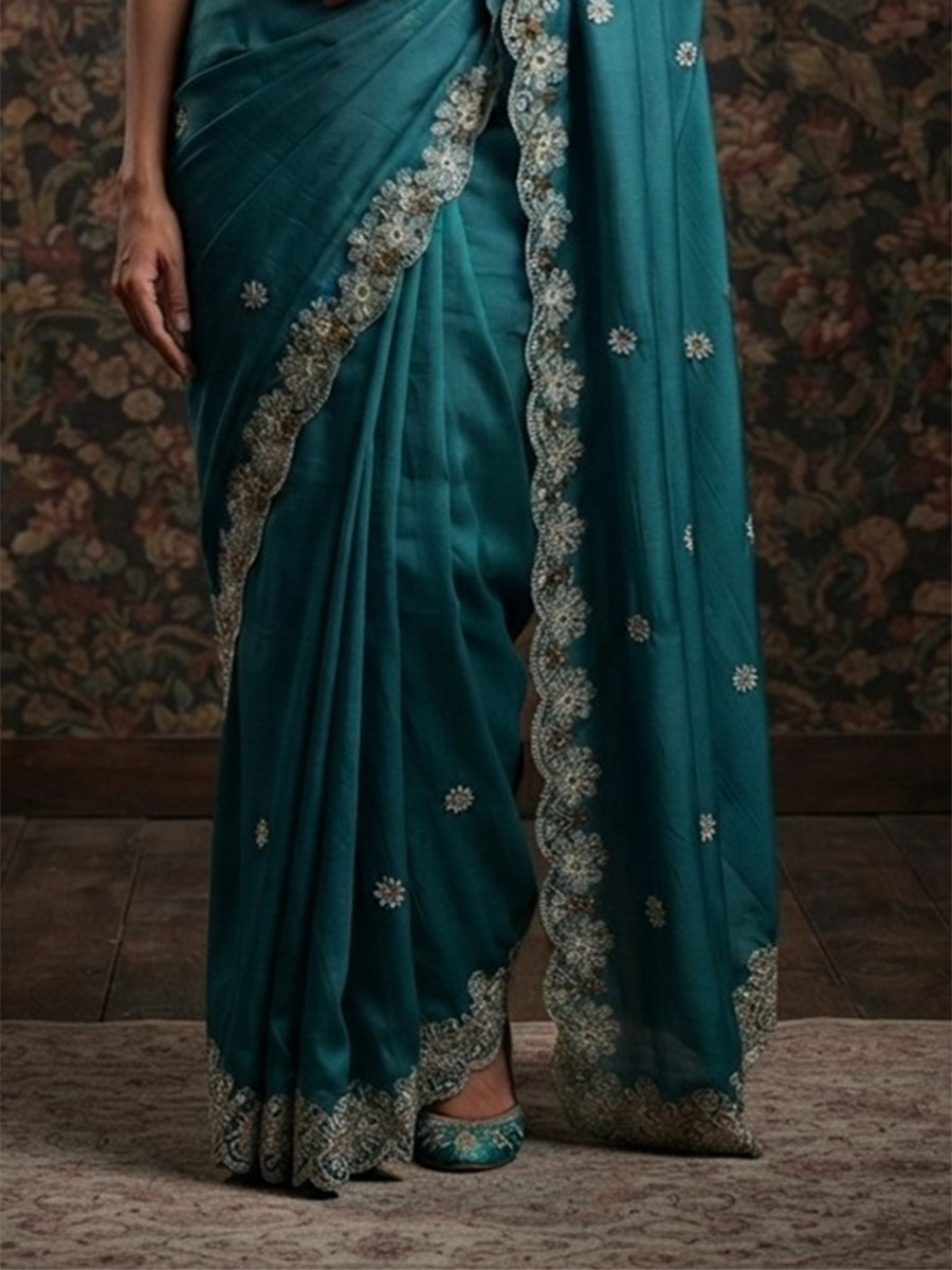 Rama Soft Satin Chiffon Embroidery Wedding Reception Party Festival Casual Heavy Border Sarees