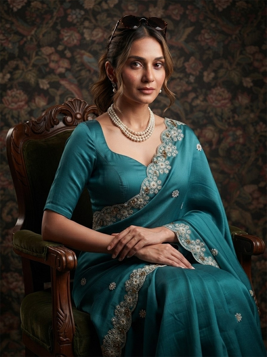 Rama Soft Satin Chiffon Embroidery Wedding Reception Party Festival Casual Heavy Border Sarees
