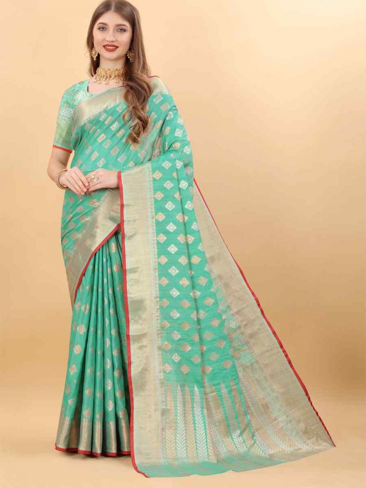 Rama Soft Silk Handwoven Wedding Festival Heavy Border Saree