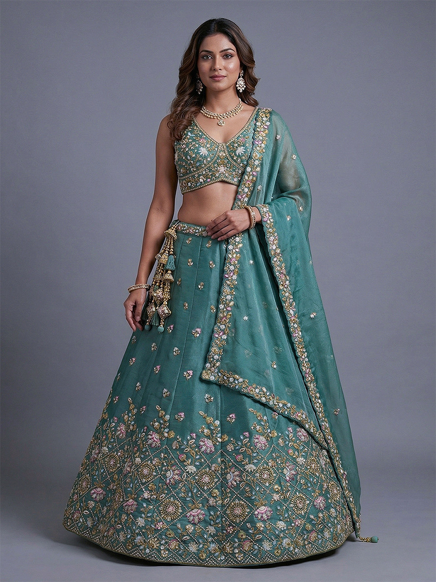 Rama Tissue Embroidery Wedding Reception Party Festival Heavy Border Lehenga Choli