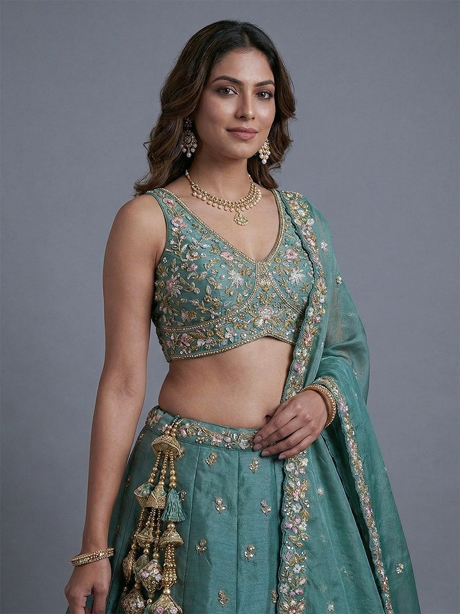 Rama Tissue Embroidery Wedding Reception Party Festival Heavy Border Lehenga Choli