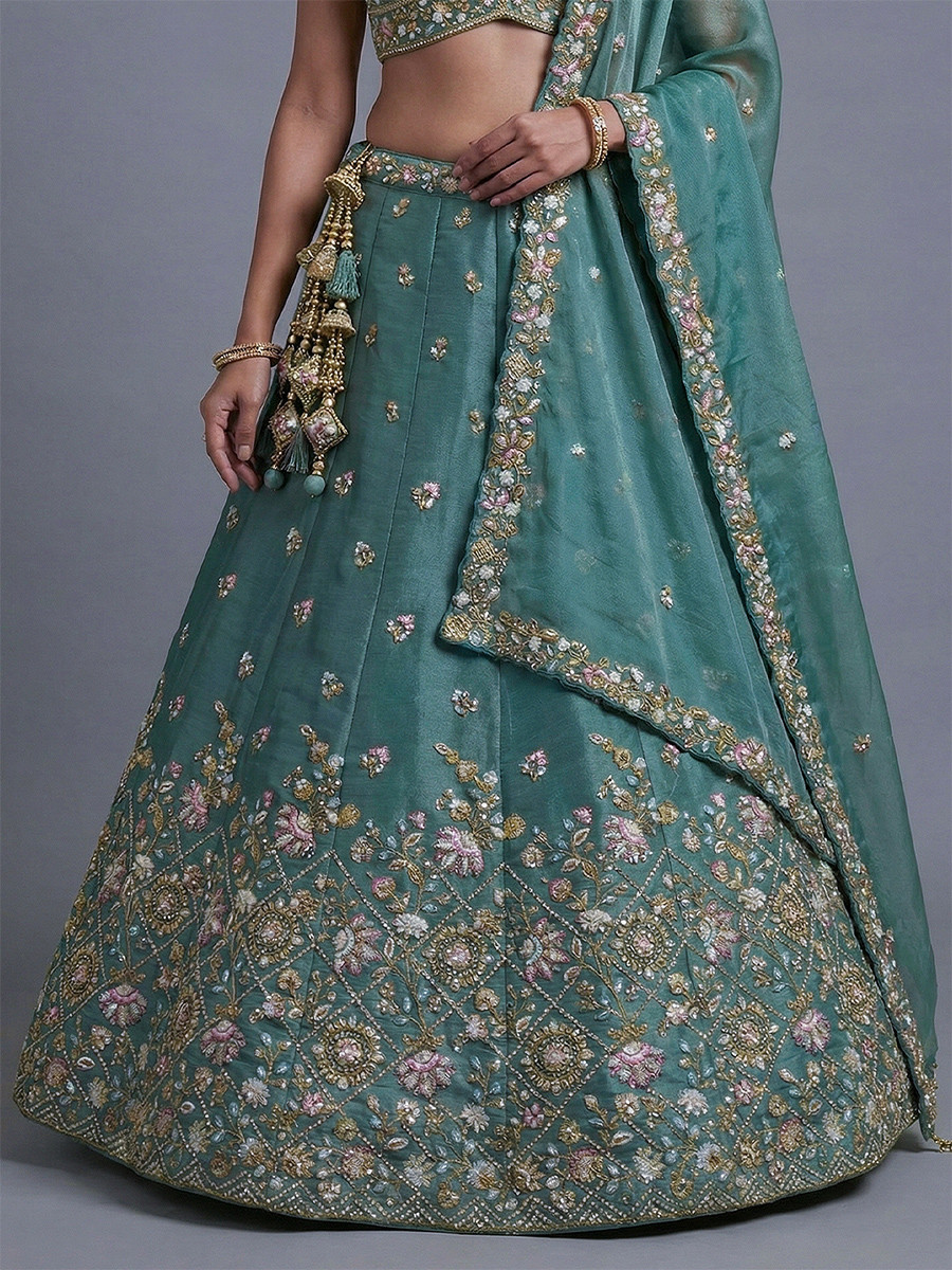Rama Tissue Embroidery Wedding Reception Party Festival Heavy Border Lehenga Choli
