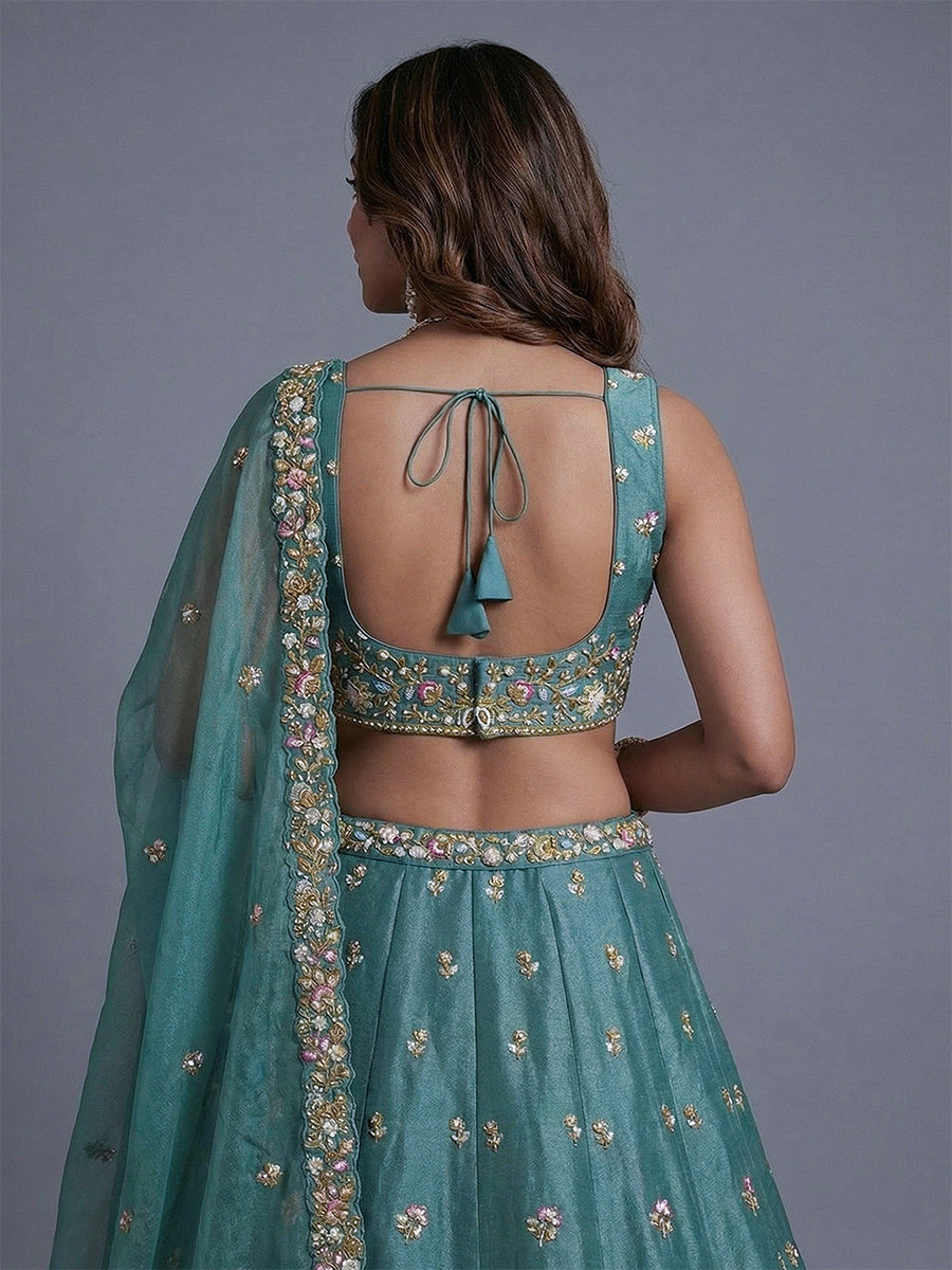 Rama Tissue Embroidery Wedding Reception Party Festival Heavy Border Lehenga Choli