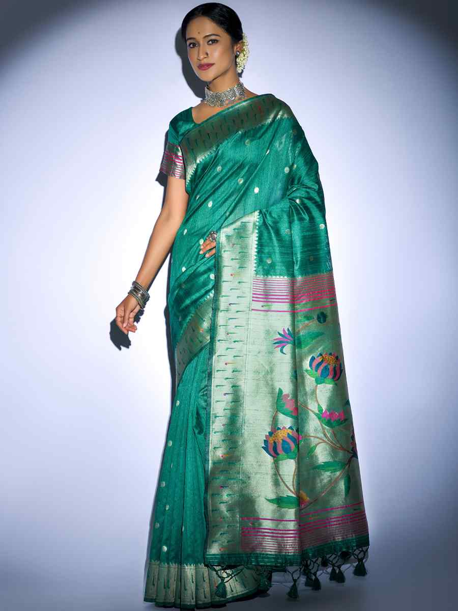 Rama Tussar Silk Handwoven Wedding Festival Heavy Border Saree