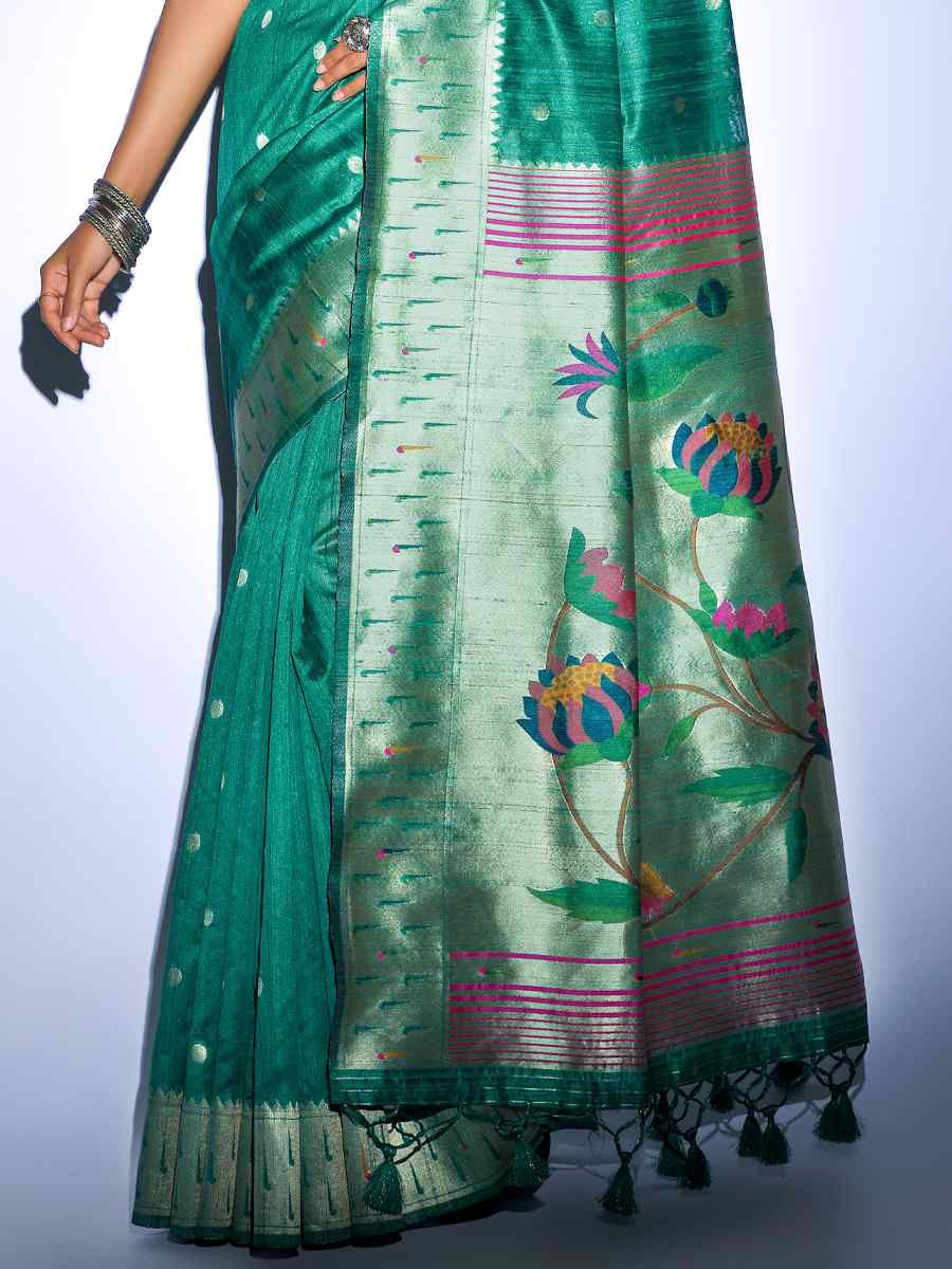 Rama Tussar Silk Handwoven Wedding Festival Heavy Border Saree