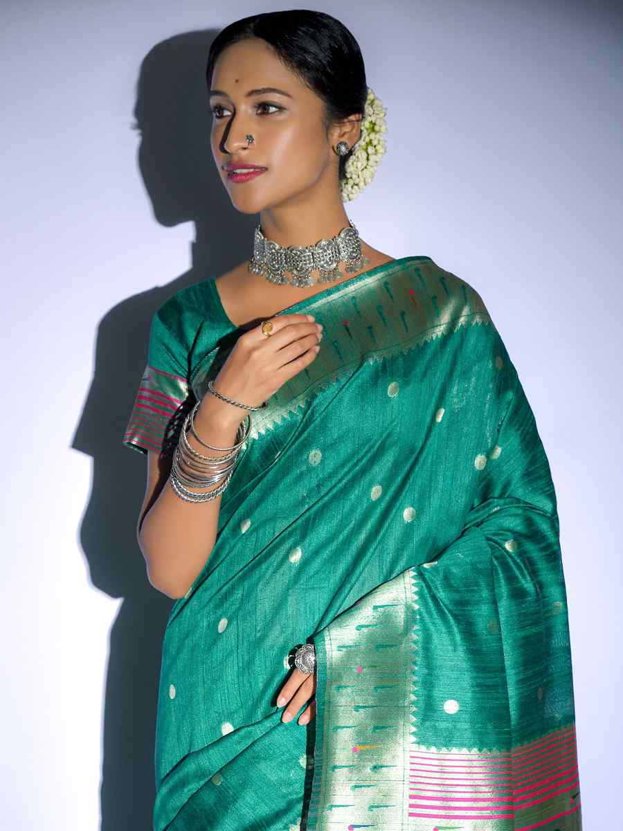 Rama Tussar Silk Handwoven Wedding Festival Heavy Border Saree