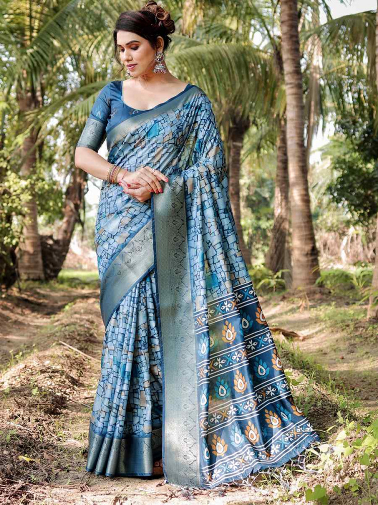 Image of Rama Tussar Silk Zari Handwoven Printed Casual Reception Festival Wedding Fancy Heavy Border Saree