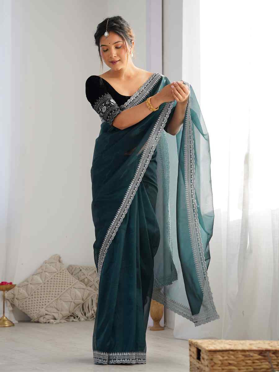 Rama Twill Net Embroidered Festival Wedding Fancy Heavy Border Saree
