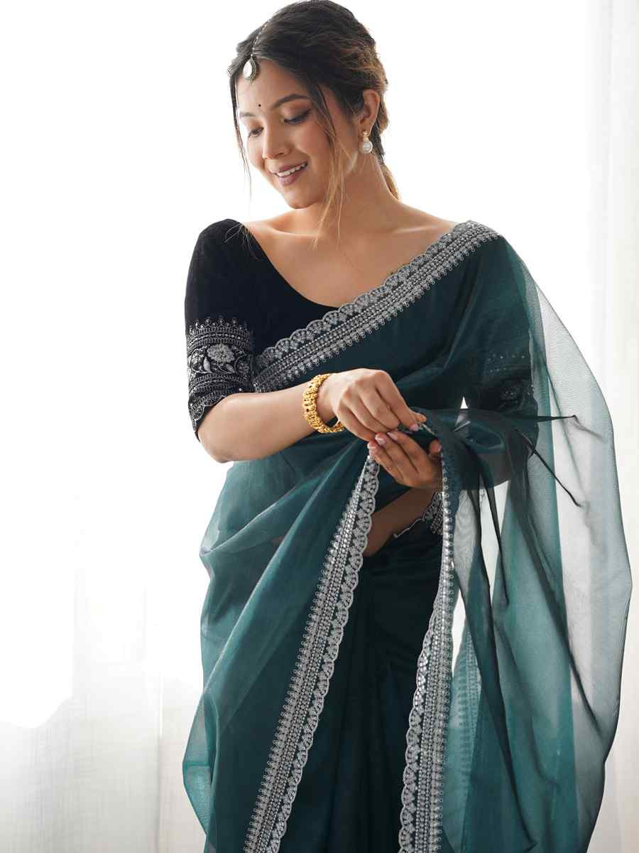 Rama Twill Net Embroidered Festival Wedding Fancy Heavy Border Saree