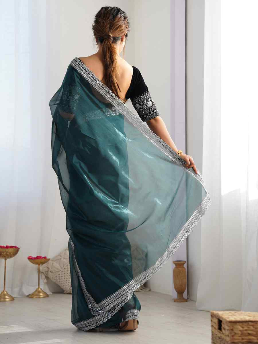 Rama Twill Net Embroidered Festival Wedding Fancy Heavy Border Saree