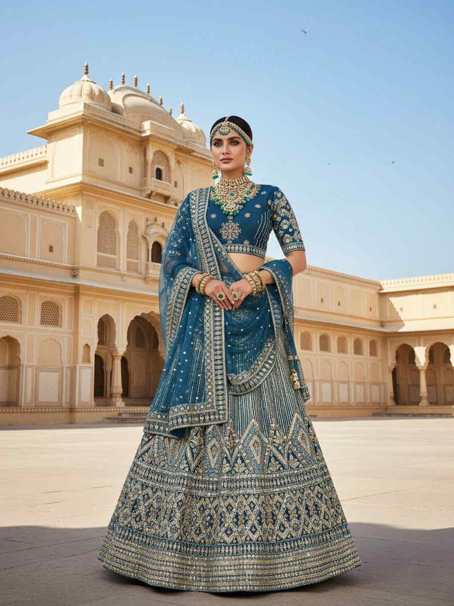 Rama Velvet Embroidered Bridal Wedding Reception Festival Heavy Border Lehenga Choli