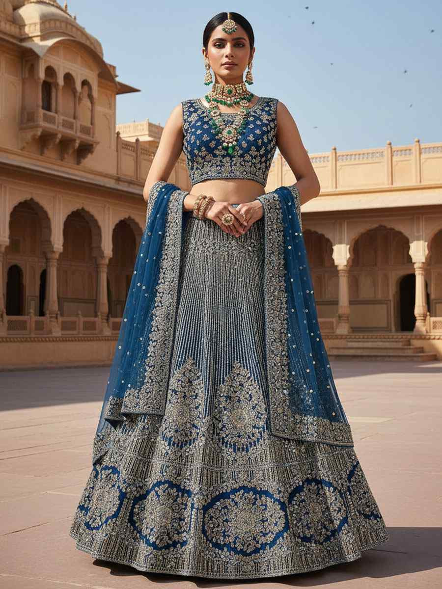 Rama Velvet Embroidered Bridal Wedding Reception Festival Heavy Border Lehenga Choli
