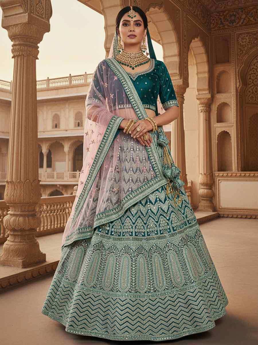 Rama Velvet Embroidered Wedding Reception Festival Heavy Border Lehenga Choli