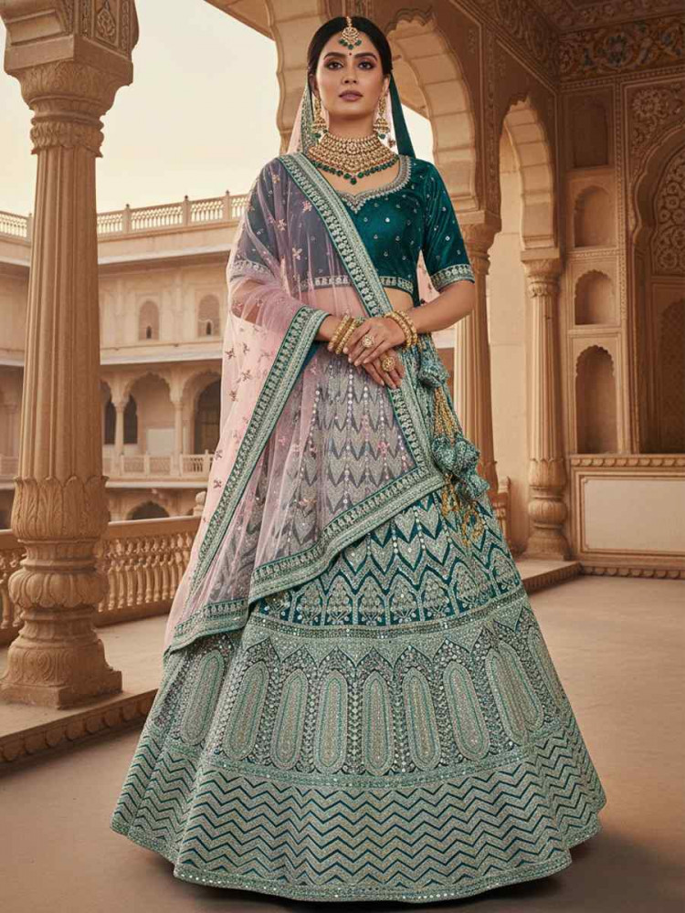Image of Rama Velvet Embroidered Wedding Reception Festival Heavy Border Lehenga Choli