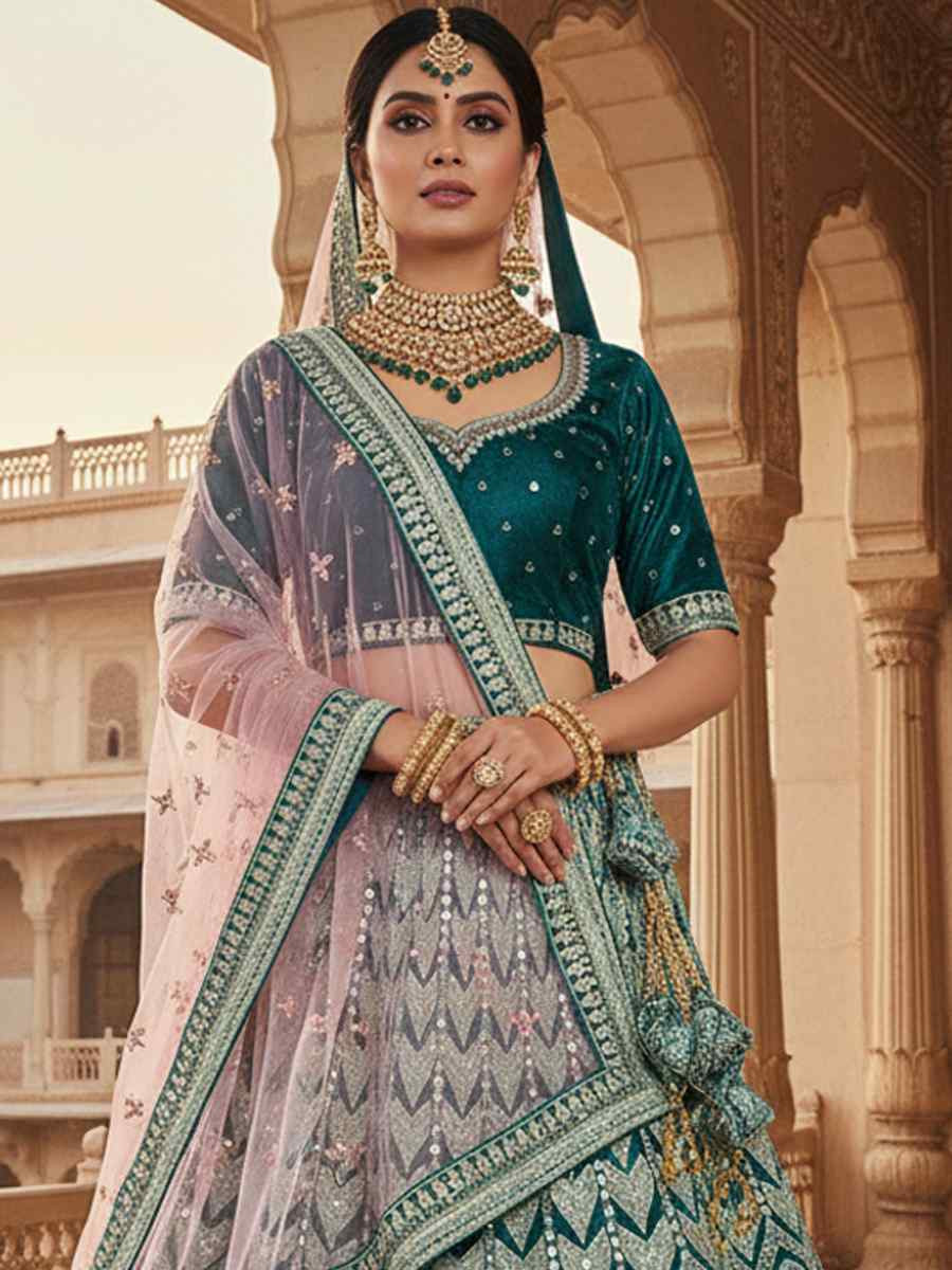 Rama Velvet Embroidered Wedding Reception Festival Heavy Border Lehenga Choli