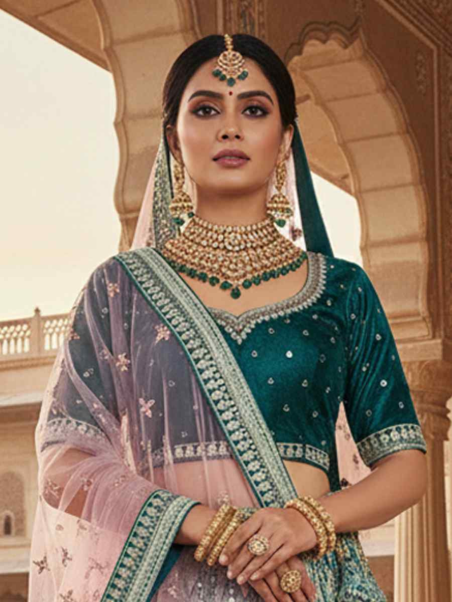 Rama Velvet Embroidered Wedding Reception Festival Heavy Border Lehenga Choli
