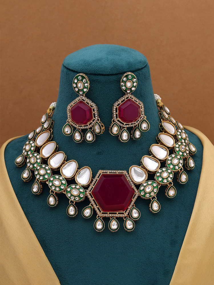 Image of Rani Alloy Wedding Party Festival Wear Meenakari Gemstone Kundan Necklace