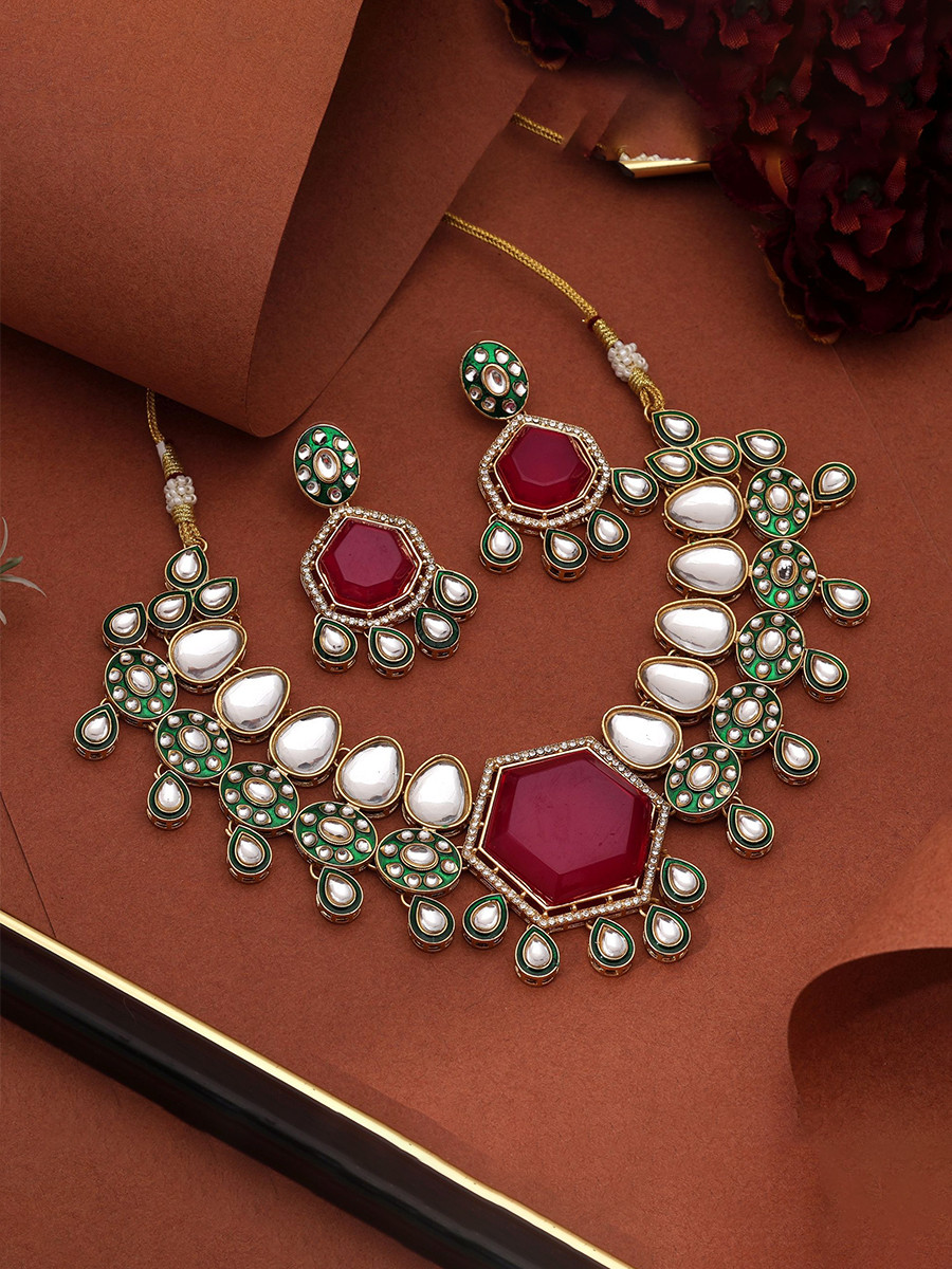 Rani Alloy Wedding Party Festival Wear Meenakari Gemstone Kundan Necklace