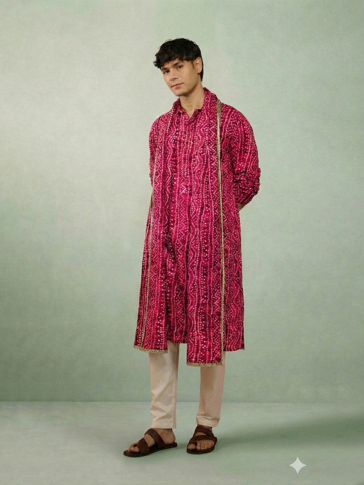 Image of Rani Cotton  Bandhani Printed Wedding Festival Party Wear Casual Mens Kurta