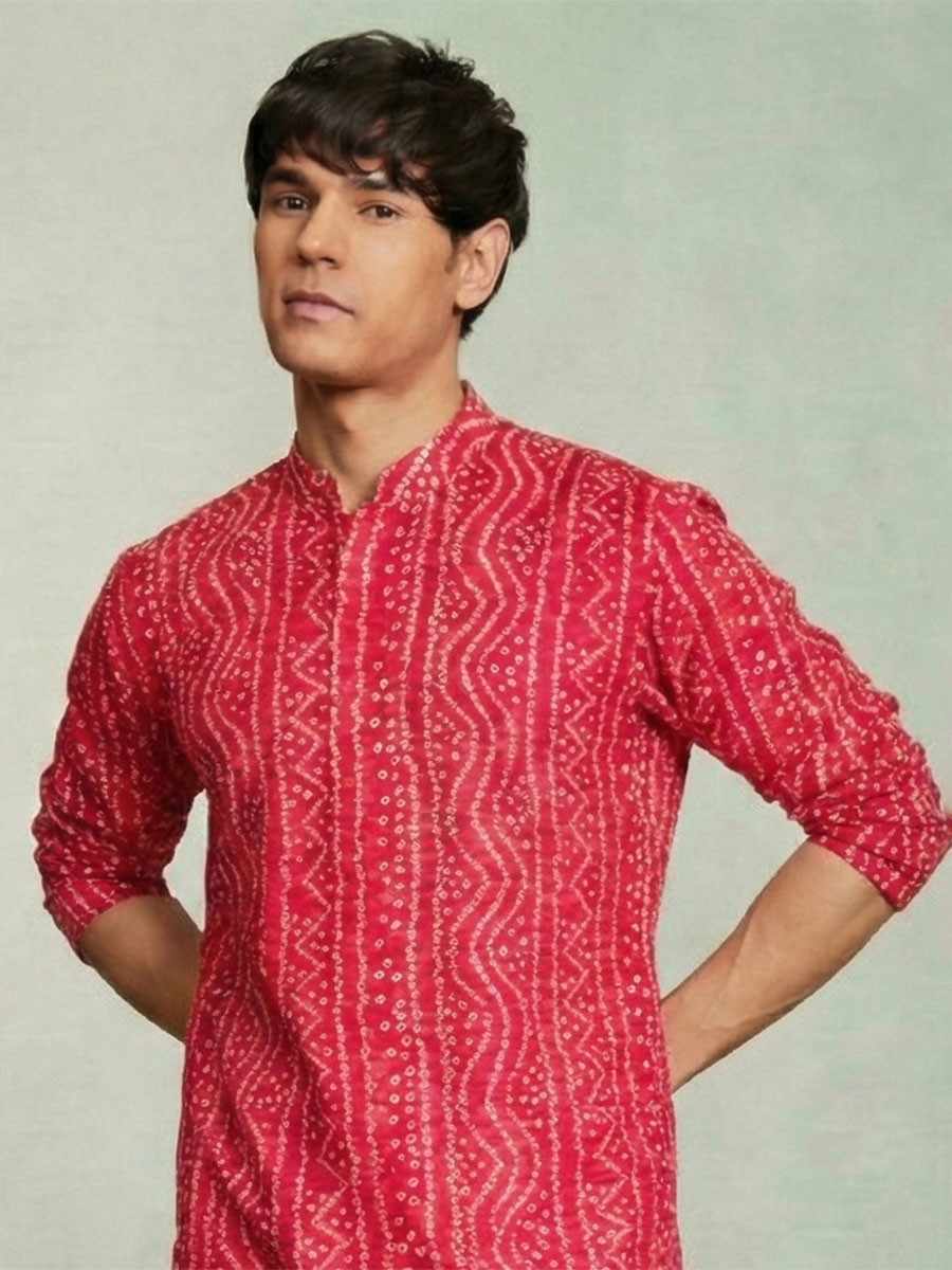 Rani Cotton  Bandhani Printed Wedding Festival Party Wear Casual Mens Kurta