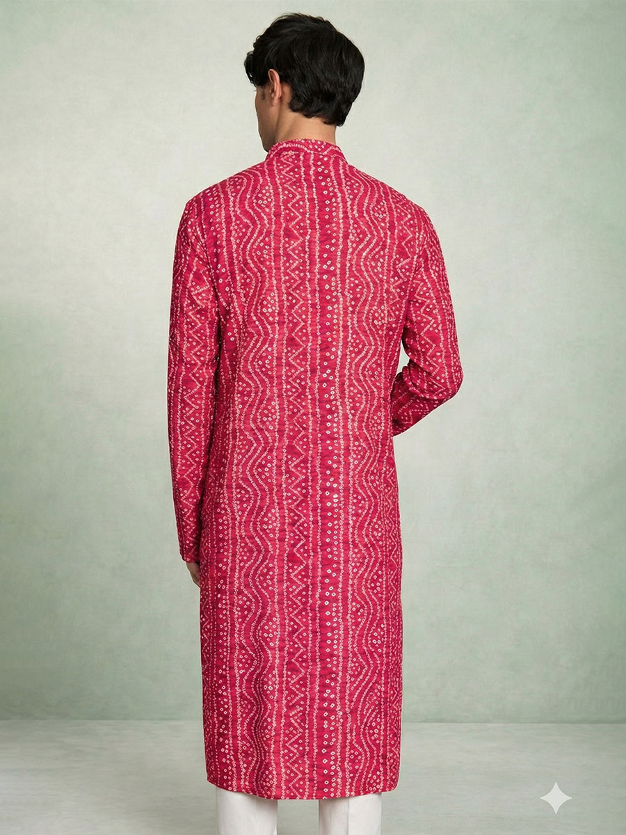 Rani Cotton Bandhani Printed Wedding Festival Party Wear Casual Mens Kurta