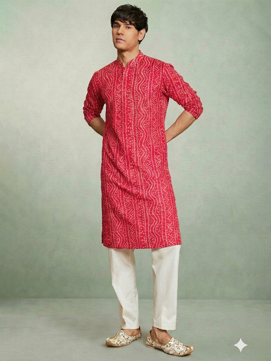 Rani Cotton  Bandhani Printed Wedding Festival Party Wear Casual Mens Kurta