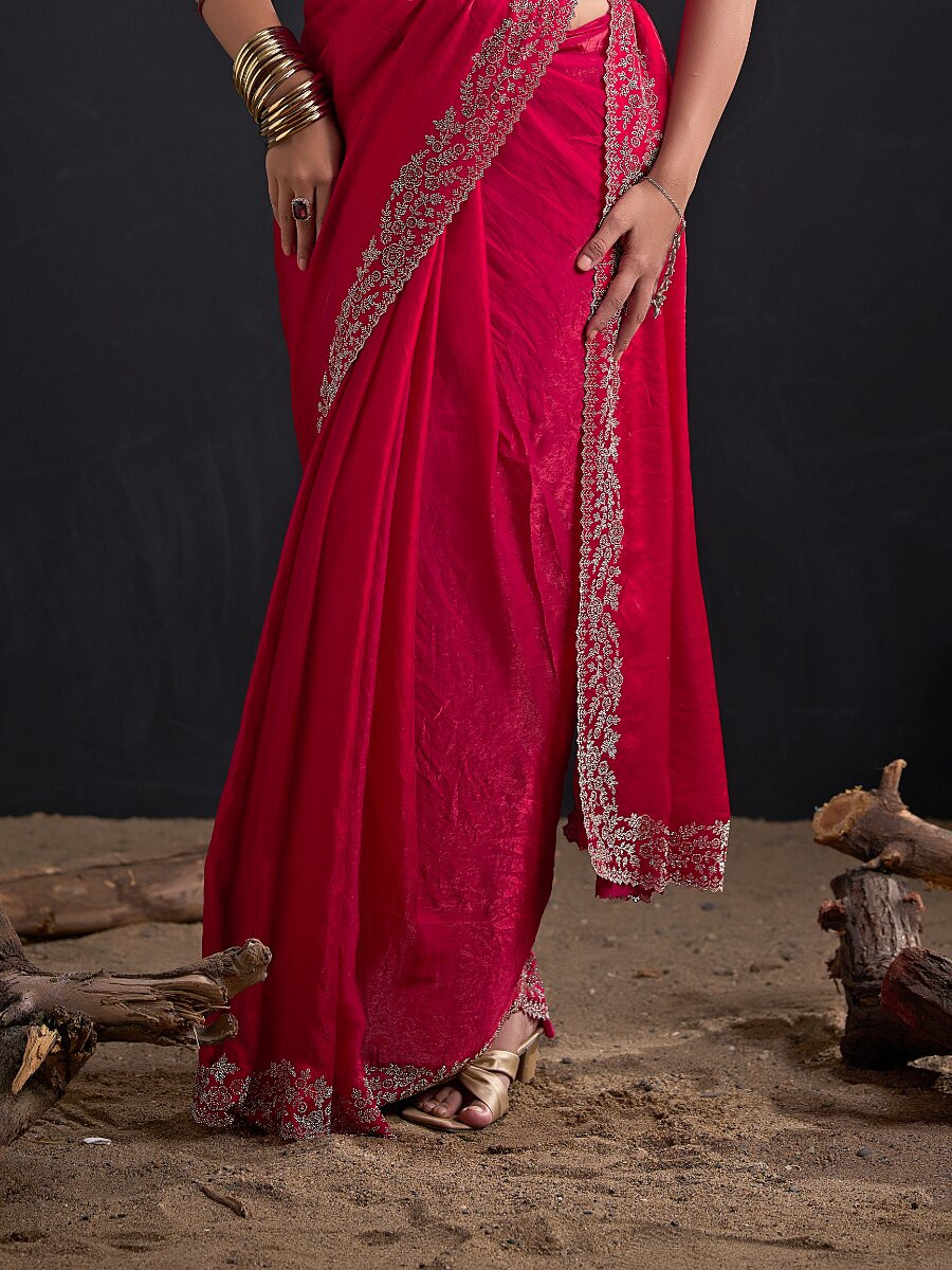 Rani Fendi Satin Silk Two Tone Embroidery Wedding Reception Party Festival Casual Heavy Border Sarees