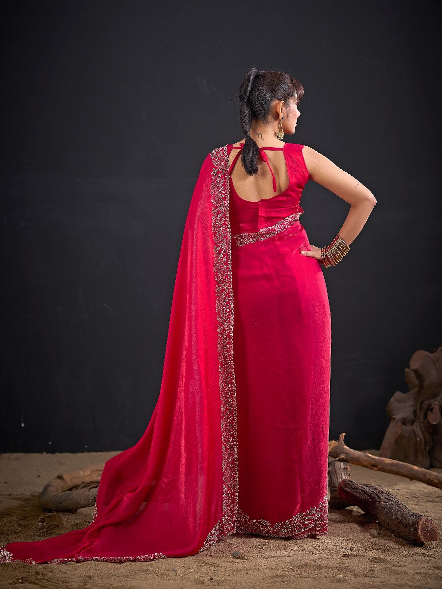 Rani Fendi Satin Silk Two Tone Embroidery Wedding Reception Party Festival Casual Heavy Border Sarees