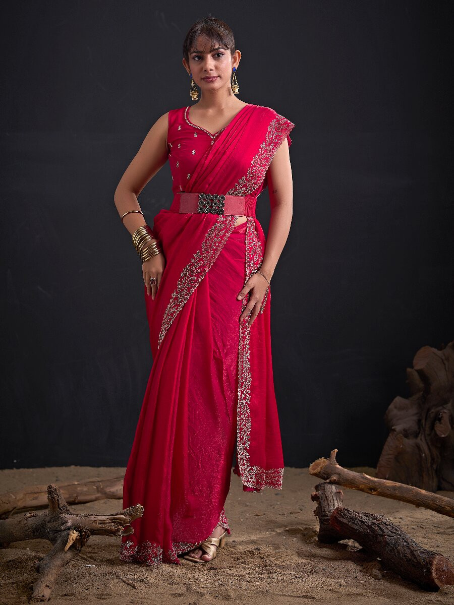 Rani Fendi Satin Silk Two Tone Embroidery Wedding Reception Party Festival Casual Heavy Border Sarees