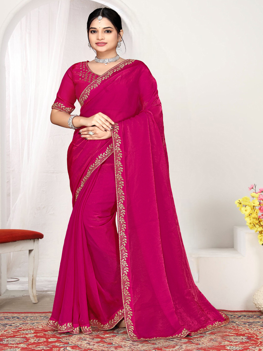 Rani Fendi satin silk Zircon Stone Embroidery Festival Wedding Fancy Classic Heavy Border Saree