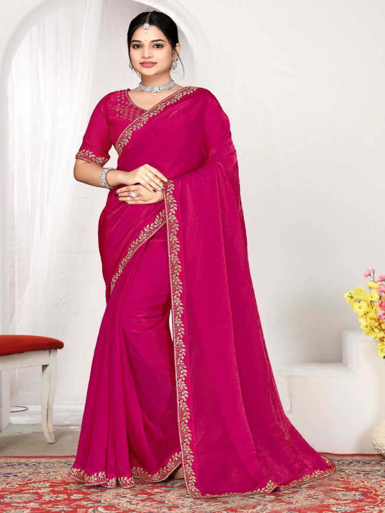 Image of Rani Fendi satin silk Zircon Stone Embroidery Festival Wedding Fancy Classic Heavy Border Saree