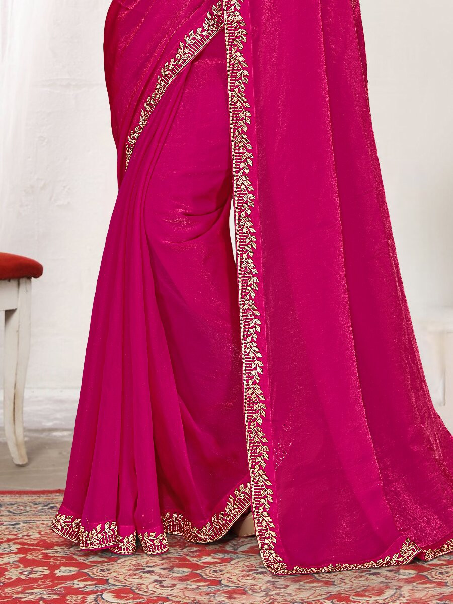 Rani Fendi satin silk Zircon Stone Embroidery Festival Wedding Fancy Classic Heavy Border Saree