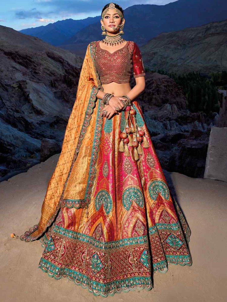 Rani Mustard Banarasi Silk Jacquard Embroidered Bridal Wedding Heavy Border Lehenga Choli