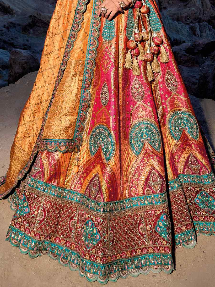 Rani Mustard Banarasi Silk Jacquard Embroidered Bridal Wedding Heavy Border Lehenga Choli