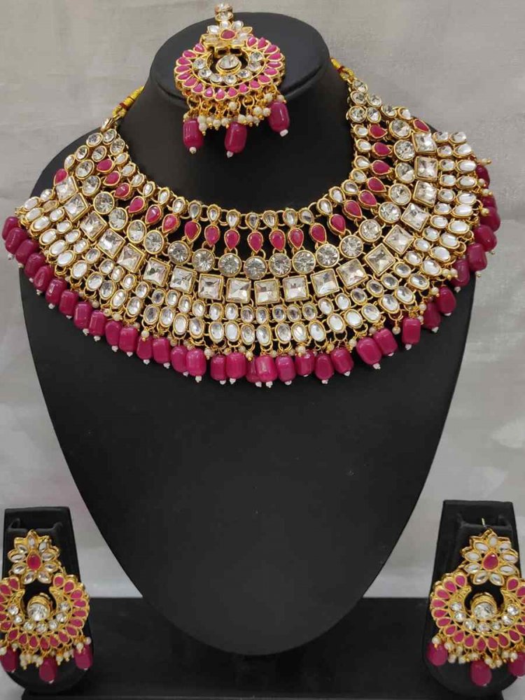 Rani Pink Alloy Bridal Wear Diamonds Necklace