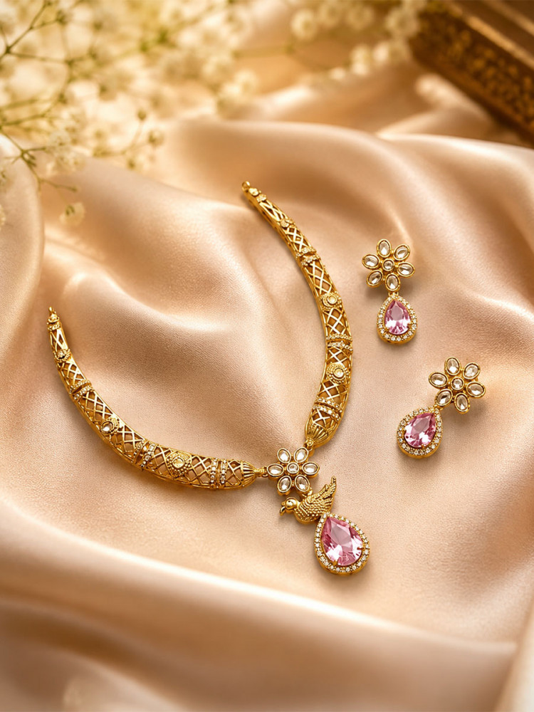 Image of Rani Pink Alloy Gemstone Kundan Diamond Wedding Party Festival Wear Necklace Set With Earrings