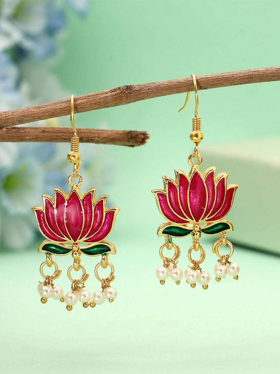 Rani Pink Alloy Meenakari Pearls Festival Party Wedding Lotus Earrings