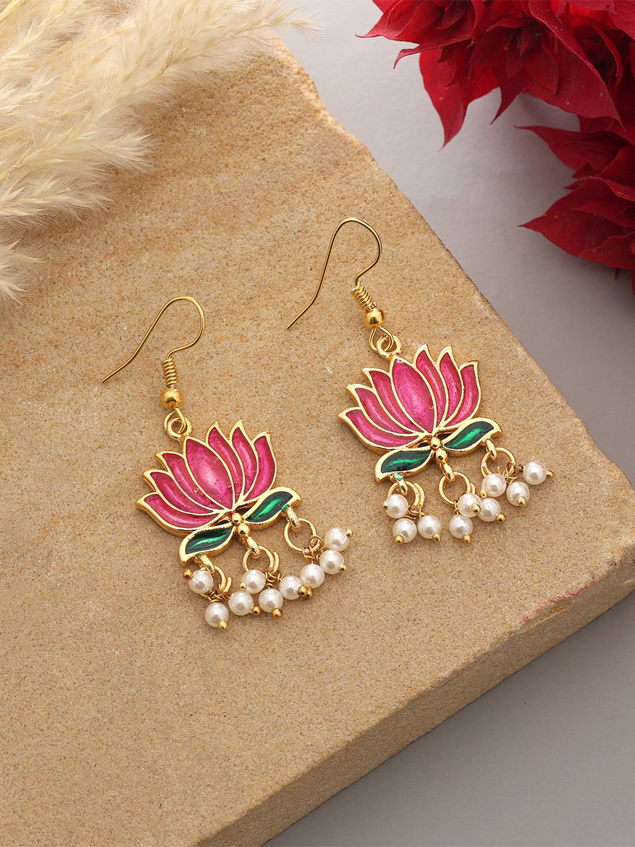Rani Pink Alloy Meenakari Pearls Festival Party Wedding Lotus Earrings