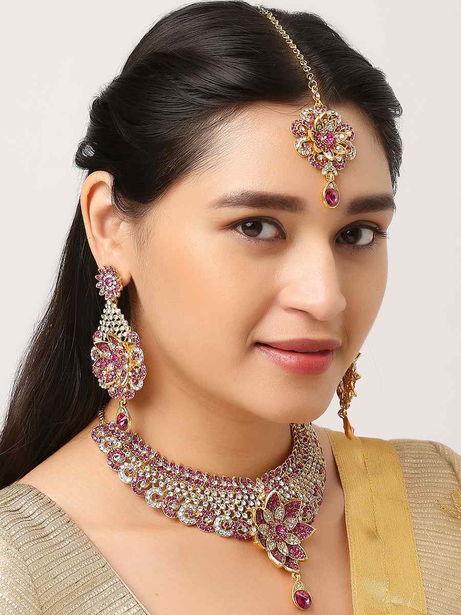 Rani Pink Alloy Wedding Wear Stone Necklace